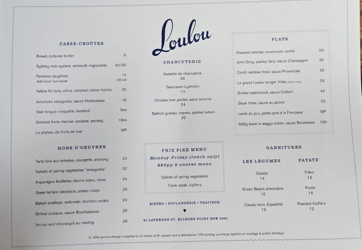 Menu, Loulou Bistro, Boulangerie & Traiteur