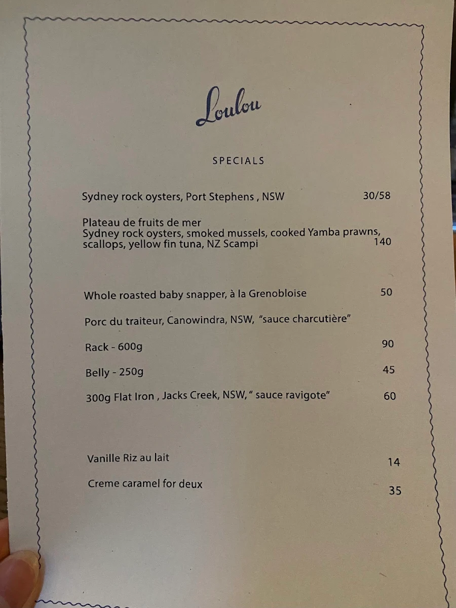 Menu, Loulou Bistro, Boulangerie & Traiteur