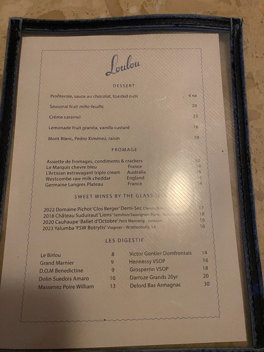 Menu, Loulou Bistro, Boulangerie & Traiteur