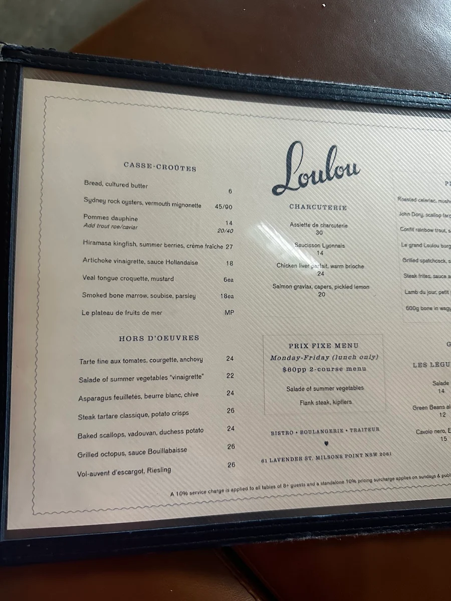 Menu, Loulou Bistro, Boulangerie & Traiteur