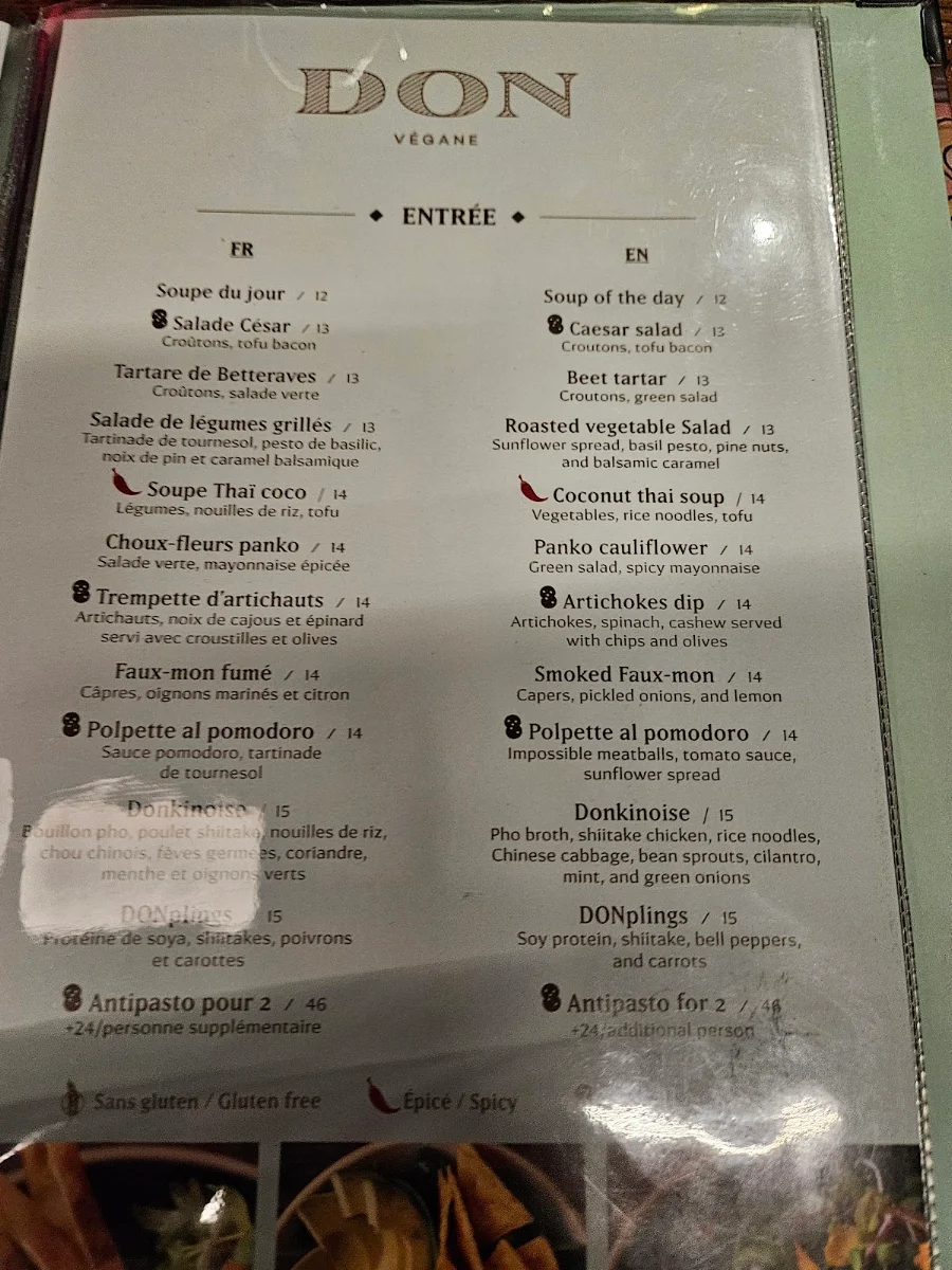 Menu, Le Don Restaurant