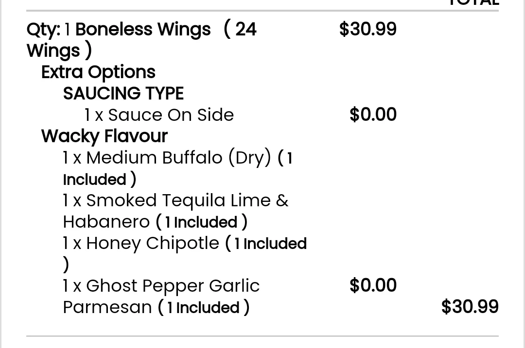 Menu, Wacky’s