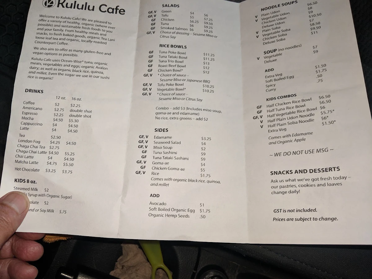 Menu, Kululu Cafe
