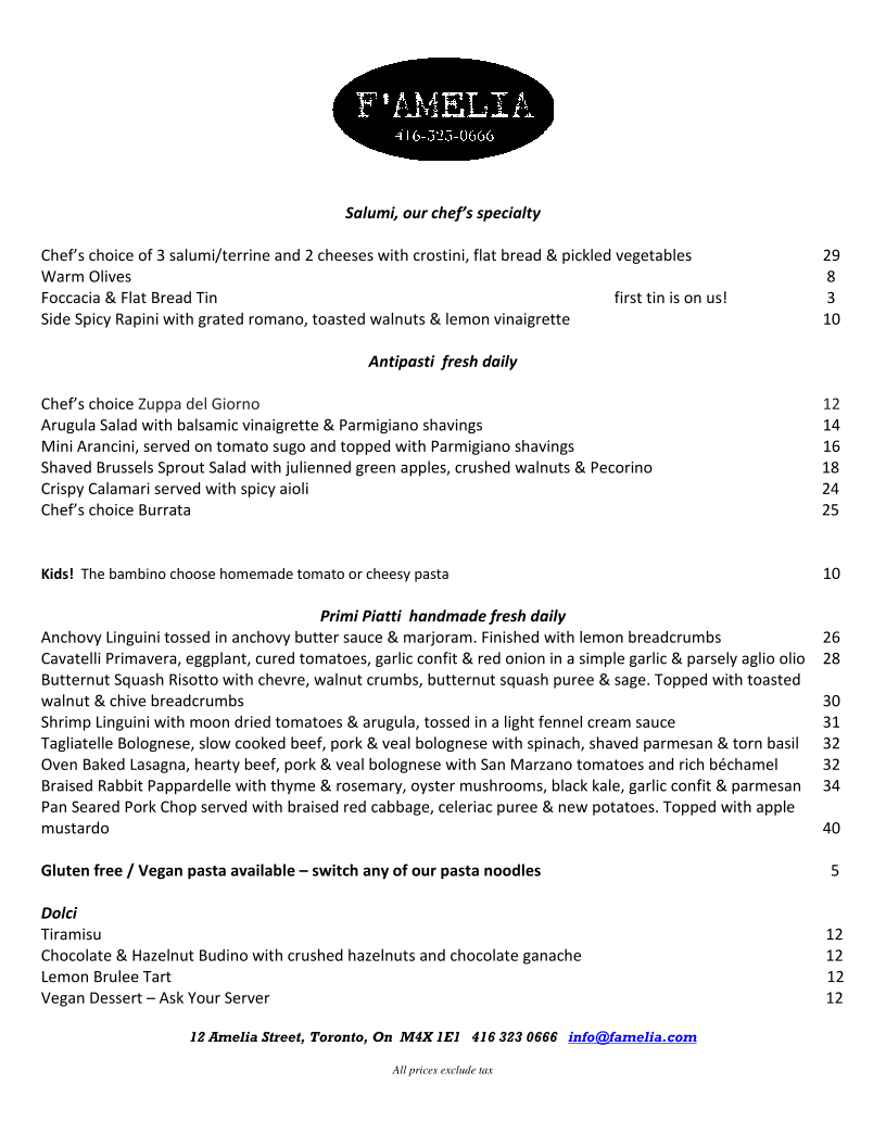 Menu, F'Amelia
