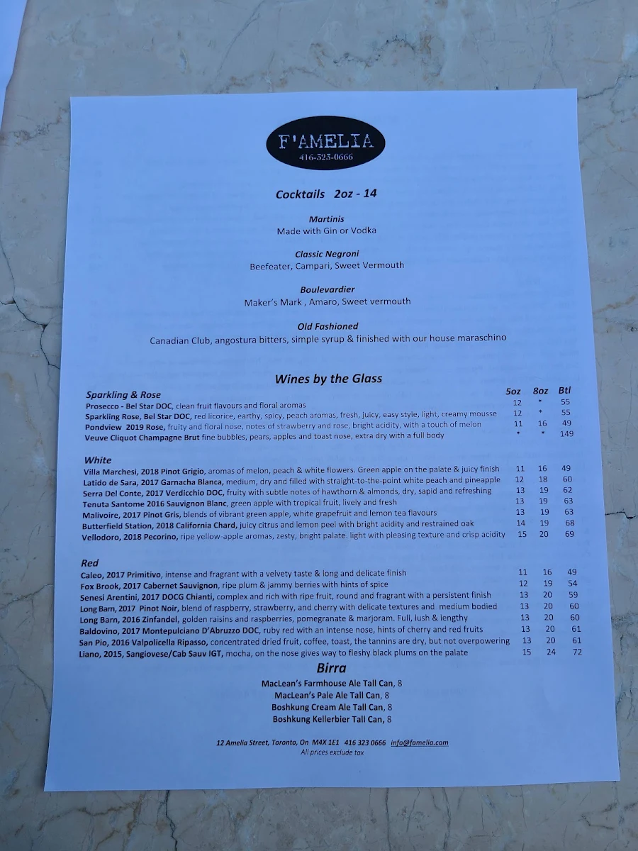 Menu, F'Amelia