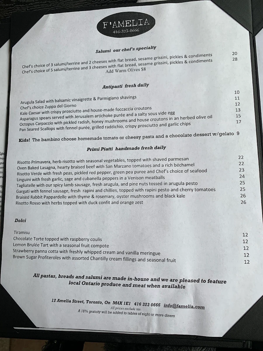 Menu, F'Amelia