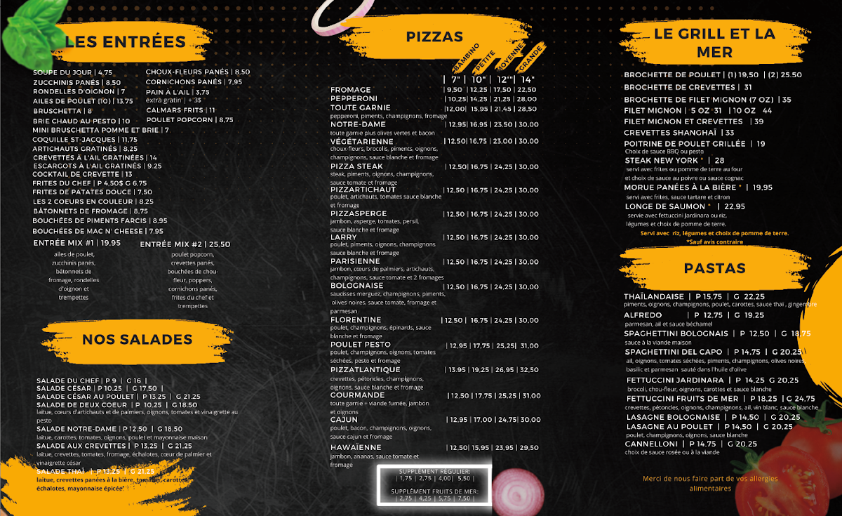 Menu, Resto Le Notre-Dame
