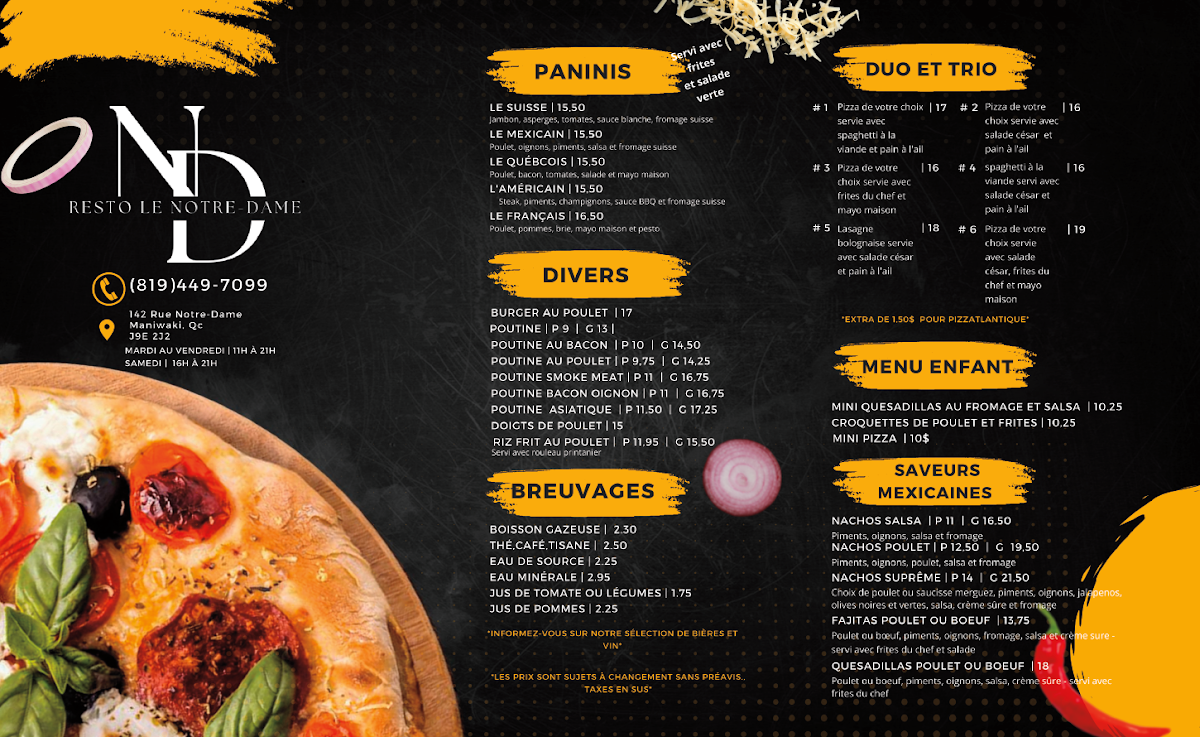Menu, Resto Le Notre-Dame