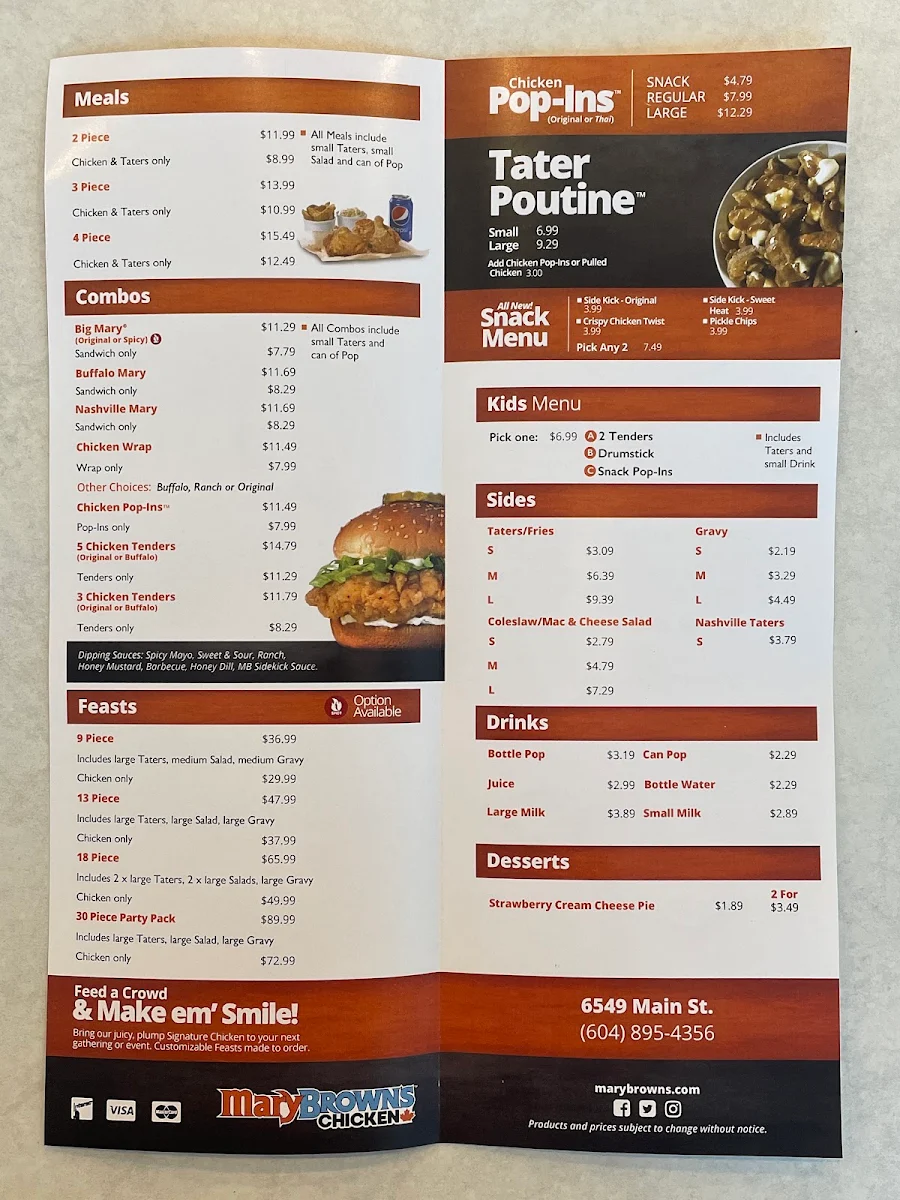 Menu, Mary Brown's Chicken