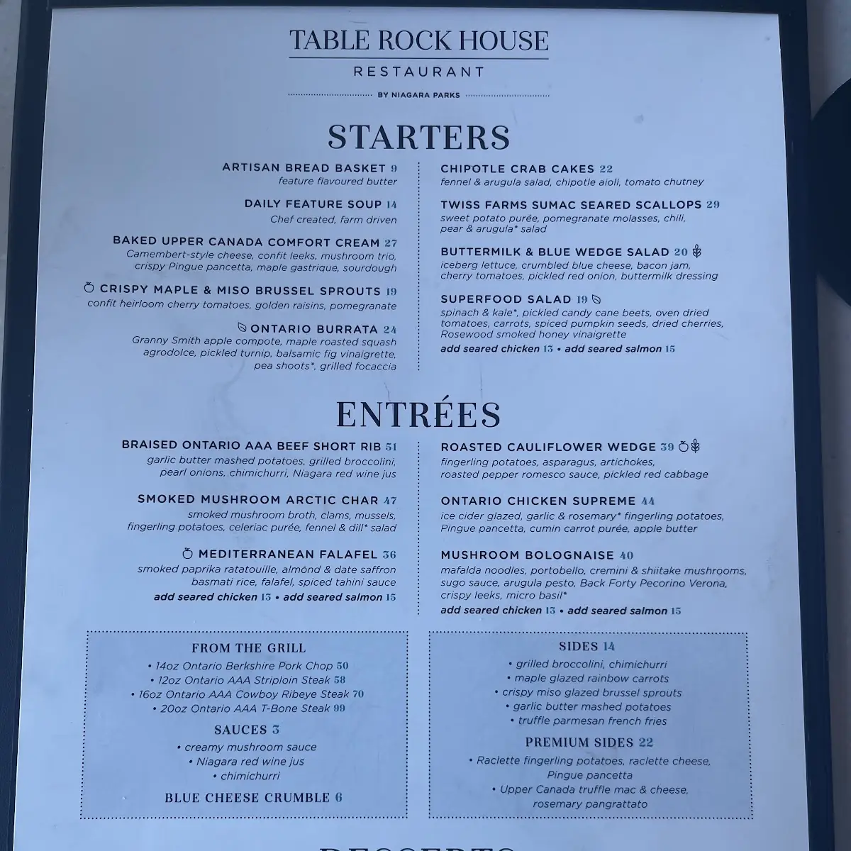 Menu, Table Rock House Restaurant