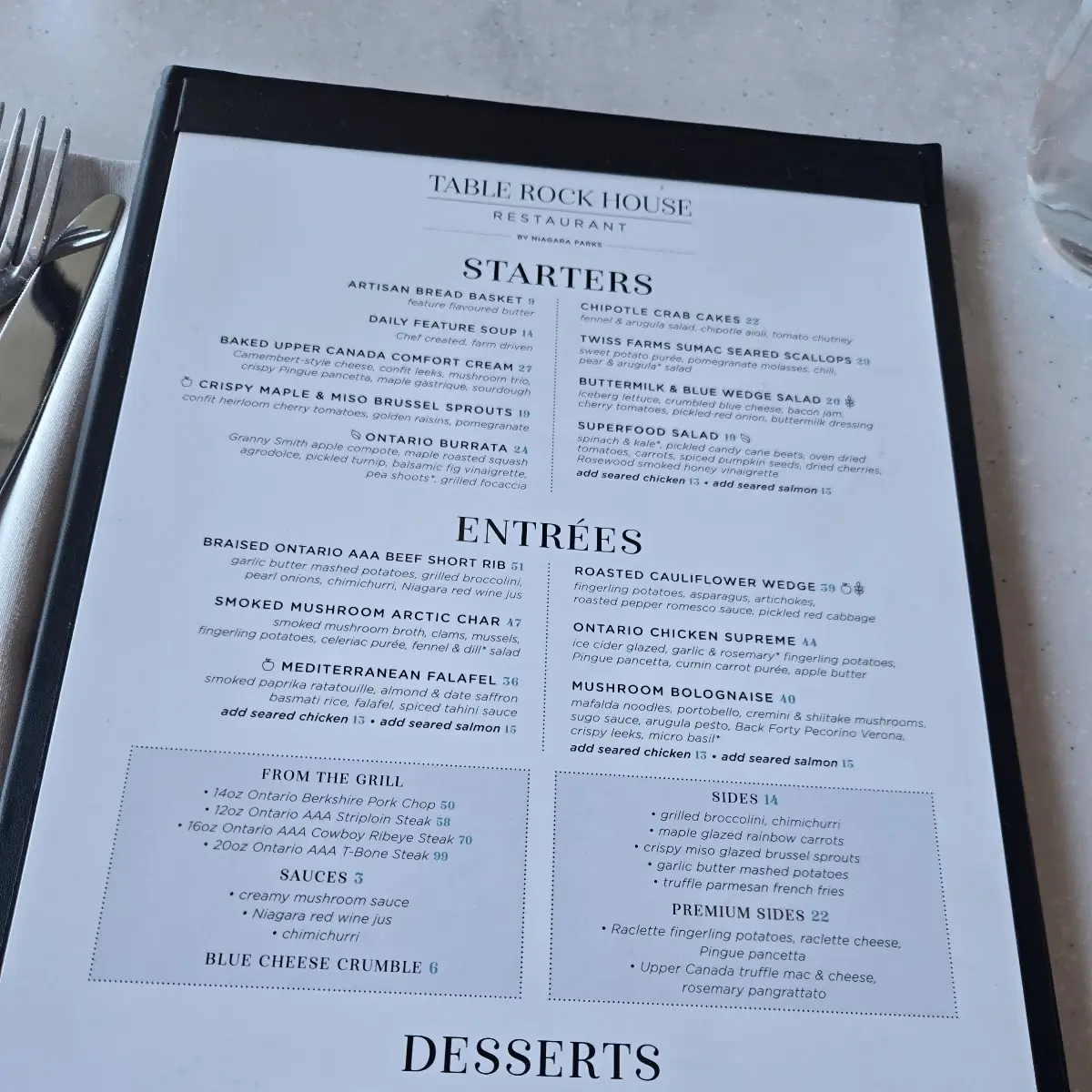 Menu, Table Rock House Restaurant