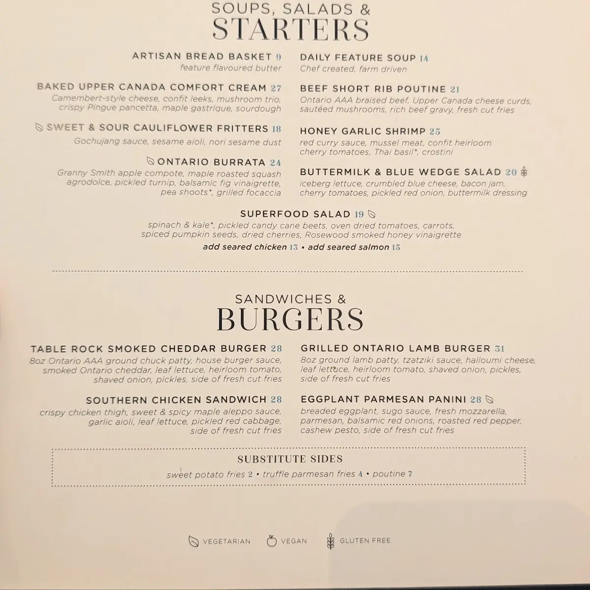Menu, Table Rock House Restaurant
