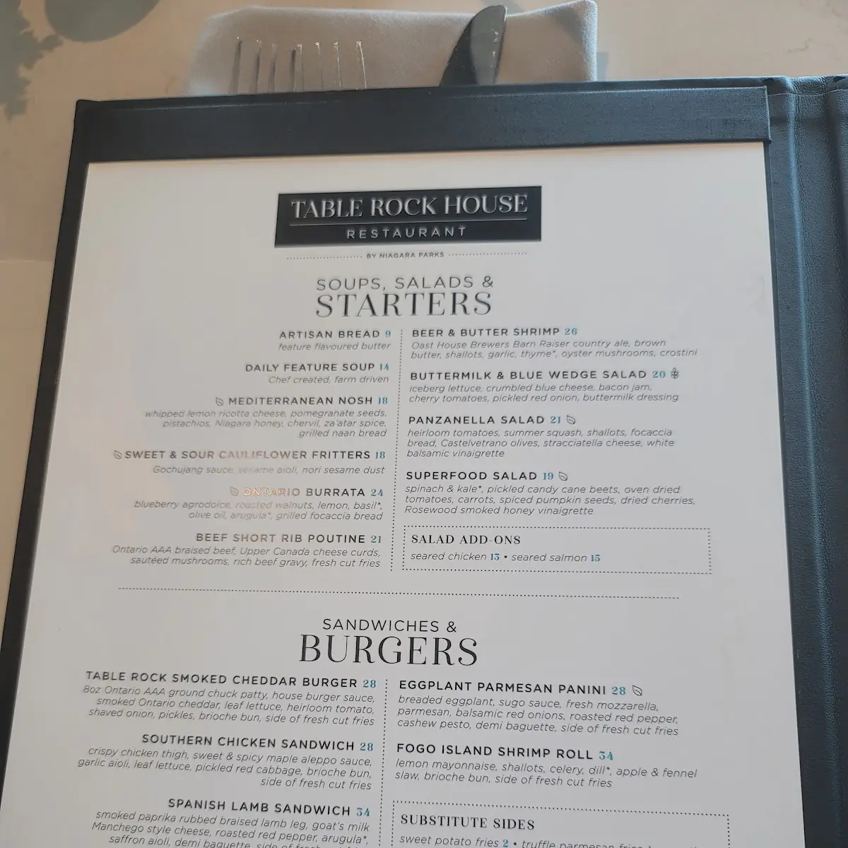 Menu, Table Rock House Restaurant