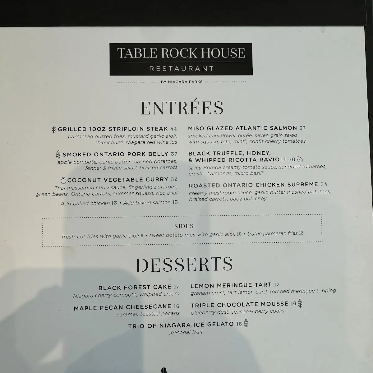 Menu, Table Rock House Restaurant