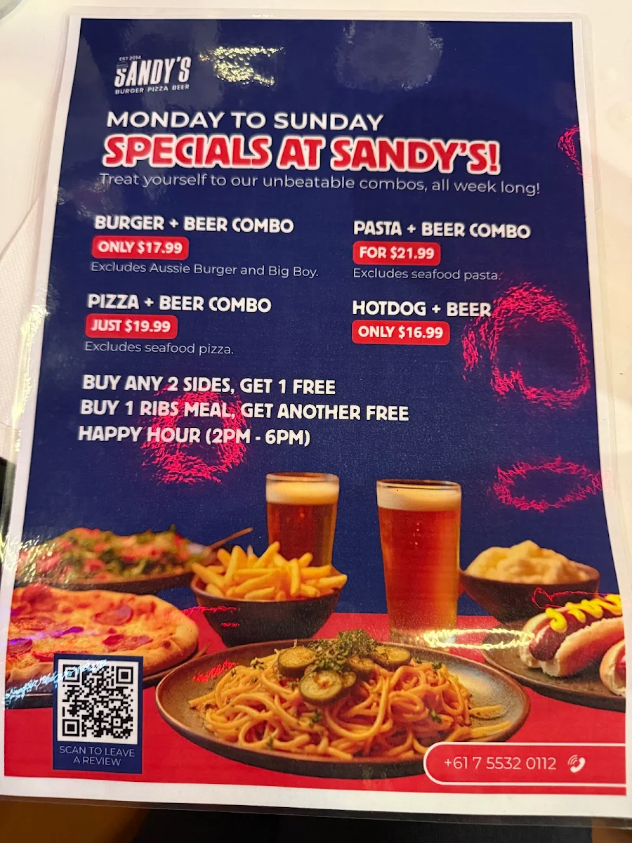 Menu, Sandy's Burger Pizza Pasta
