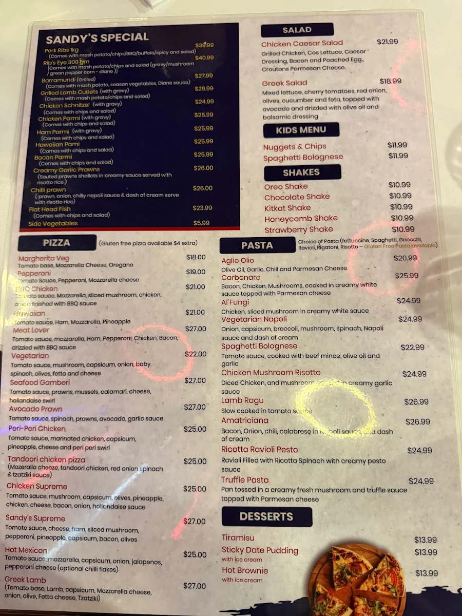 Menu, Sandy's Burger Pizza Pasta