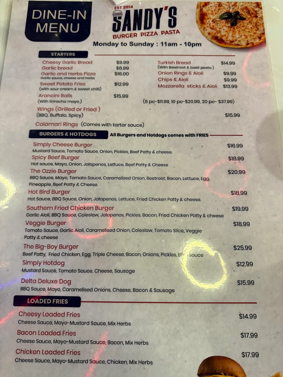 Menu, Sandy's Burger Pizza Pasta