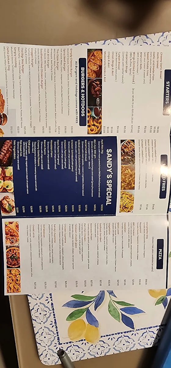 Menu, Sandy's Burger Pizza Pasta