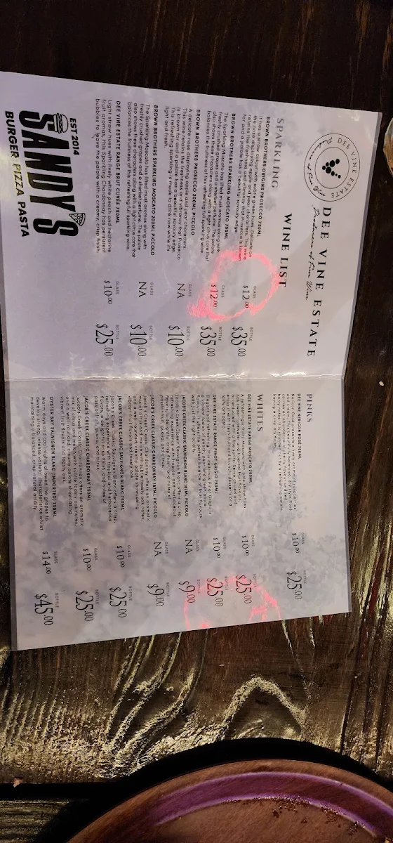 Menu, Sandy's Burger Pizza Pasta