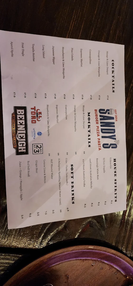 Menu, Sandy's Burger Pizza Pasta