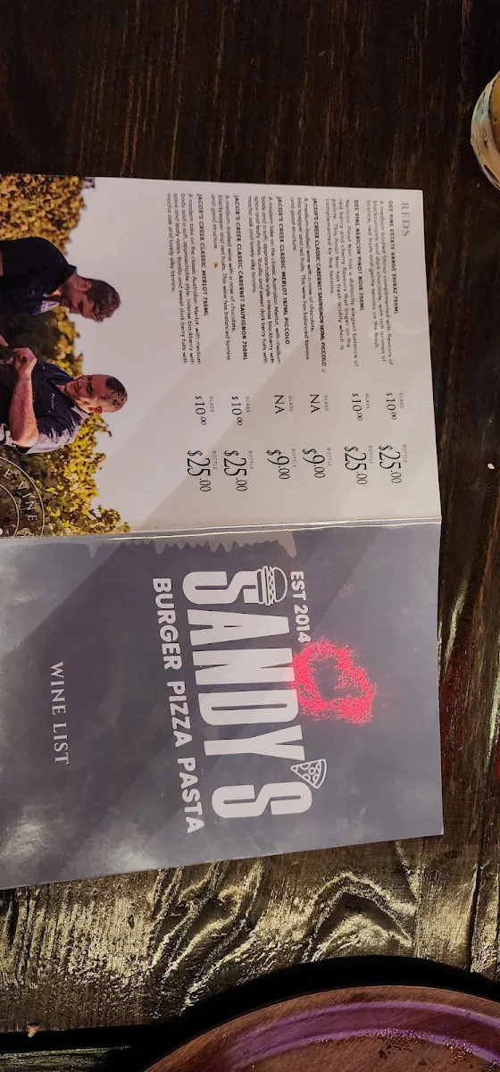 Menu, Sandy's Burger Pizza Pasta
