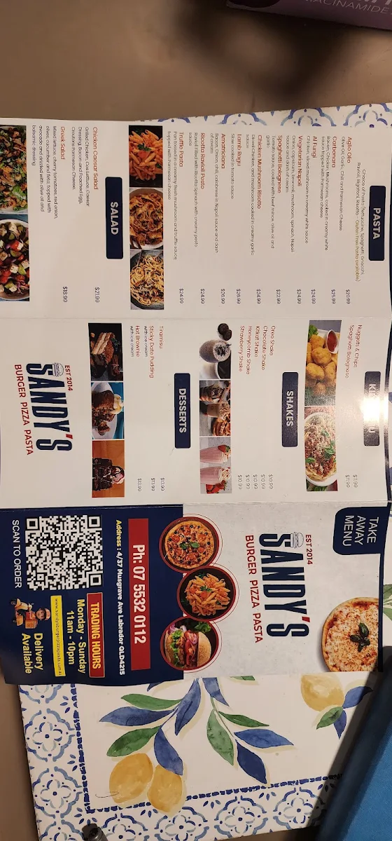 Menu, Sandy's Burger Pizza Pasta
