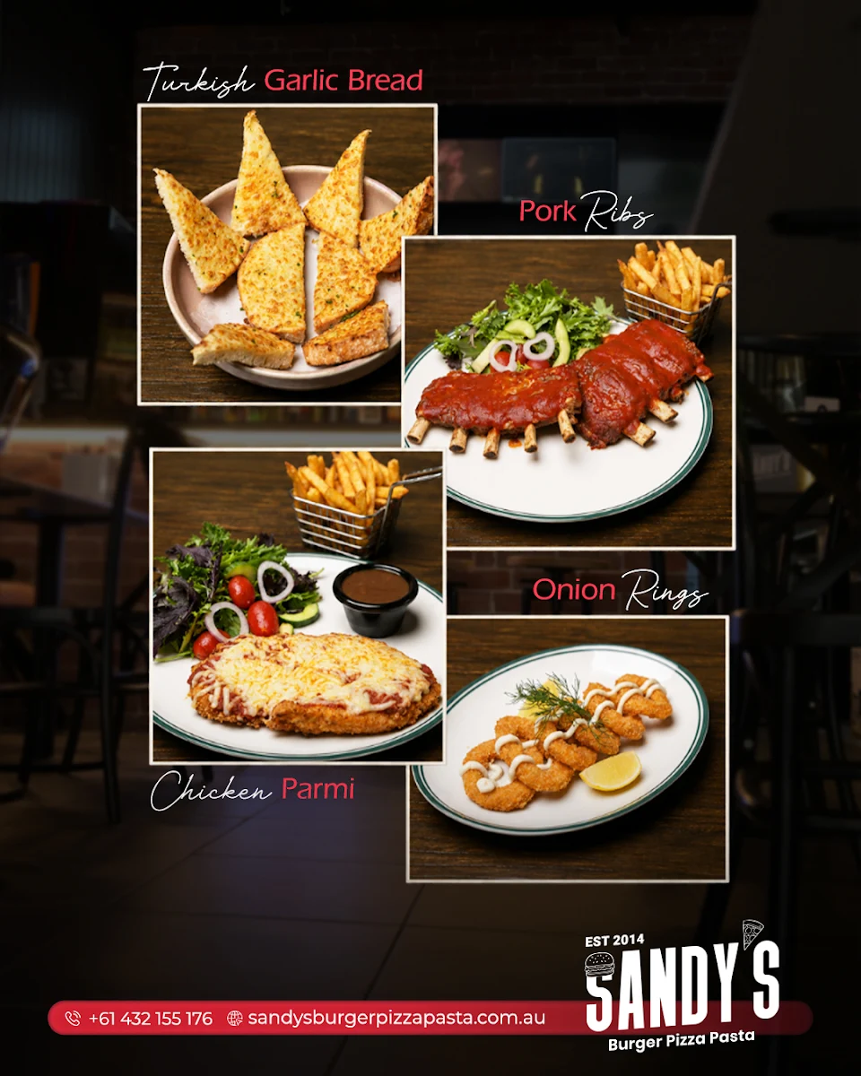 Menu, Sandy's Burger Pizza Pasta