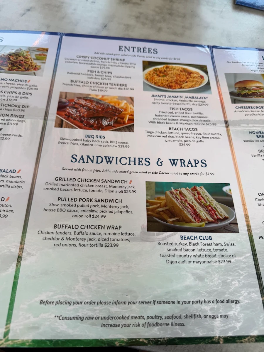 Menu, Margaritaville Niagara Falls