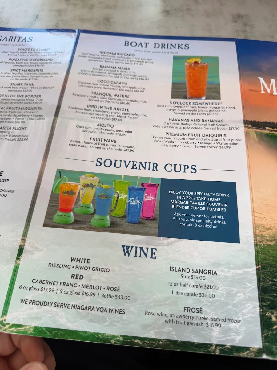 Menu, Margaritaville Niagara Falls