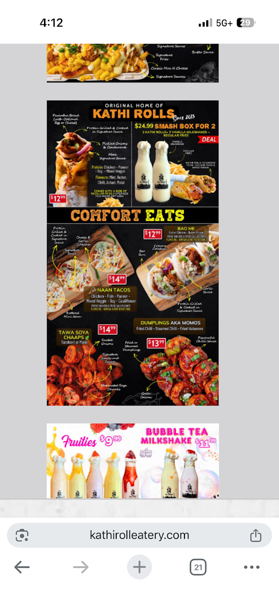 Menu, T.O.'s Kathi Roll Eatery Brampton West