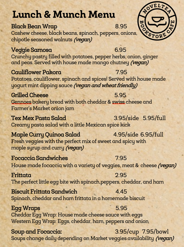 Menu, NovelTea Coffeehouse & Bakery