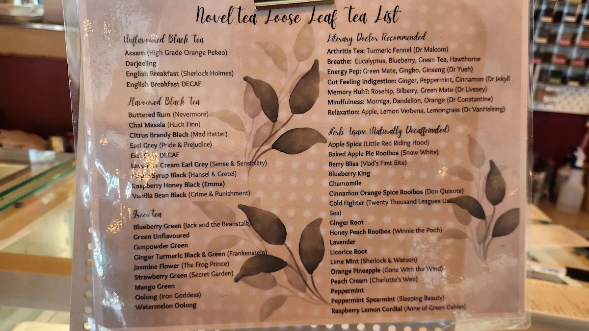 Menu, NovelTea Coffeehouse & Bakery