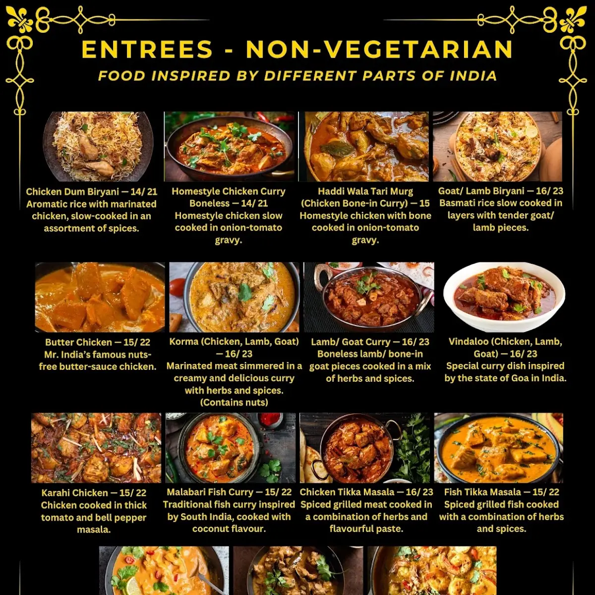 Menu, Mr India Restaurant & Bar