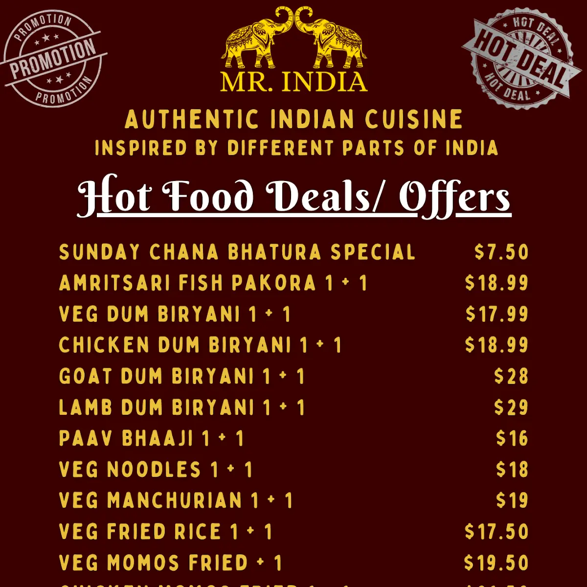 Menu, Mr India Restaurant & Bar