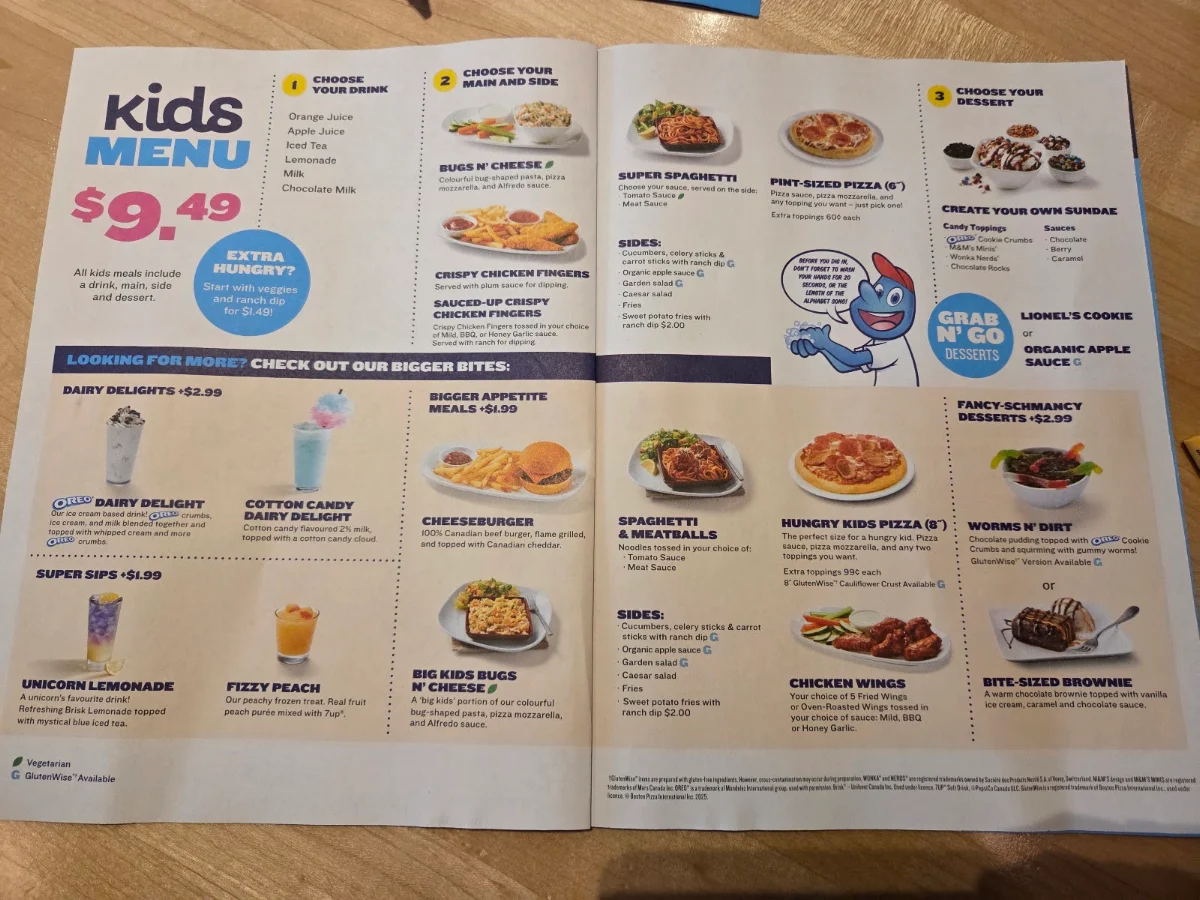 Menu, Boston Pizza