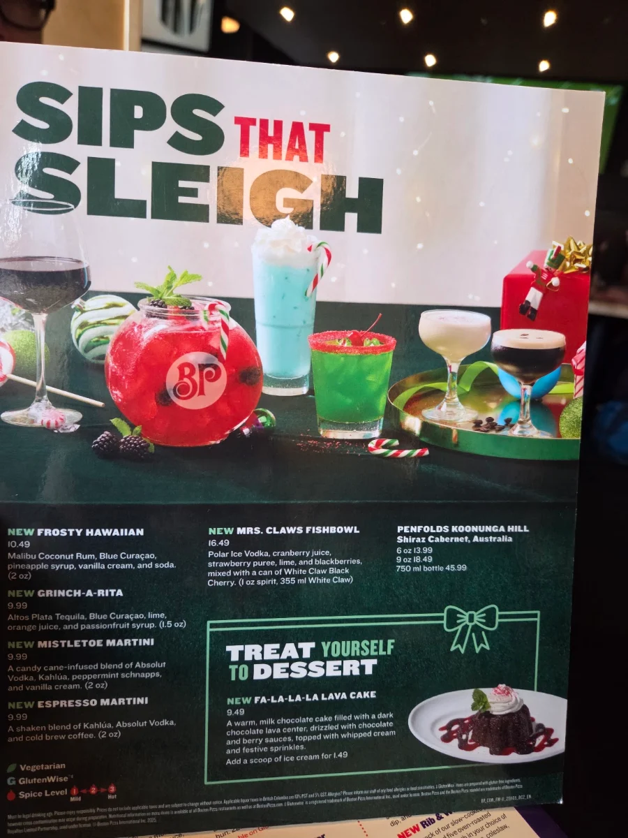 Menu, Boston Pizza