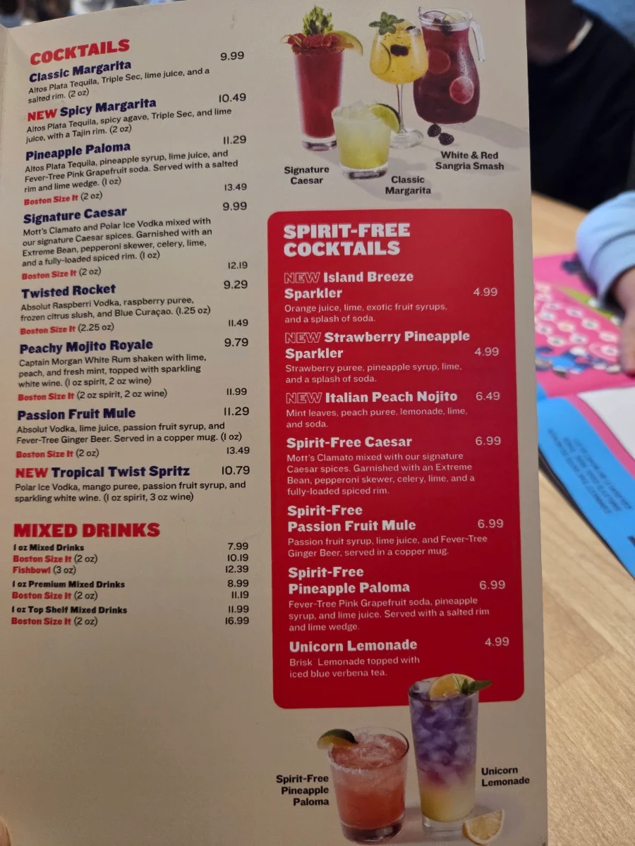 Menu, Boston Pizza