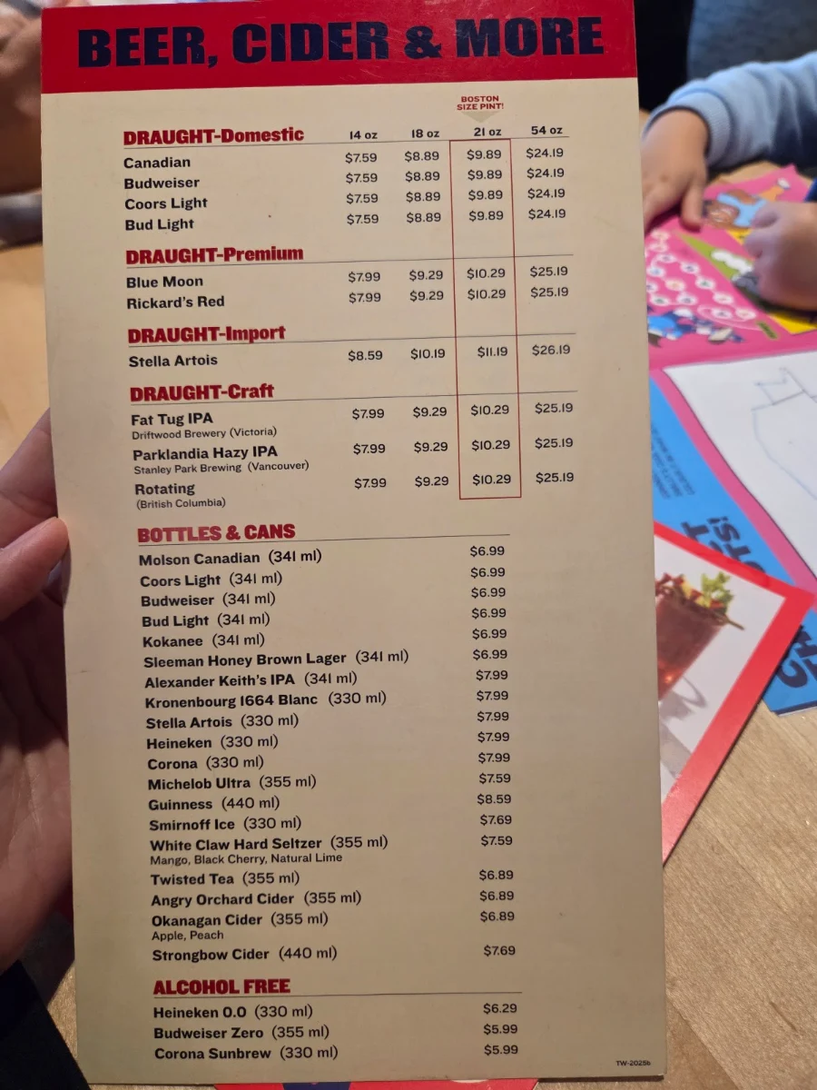 Menu, Boston Pizza