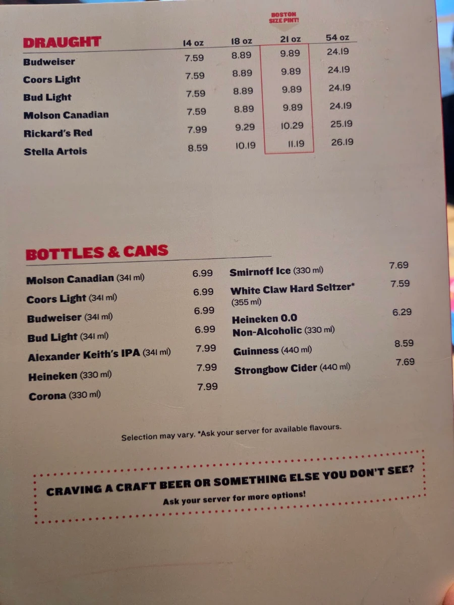Menu, Boston Pizza