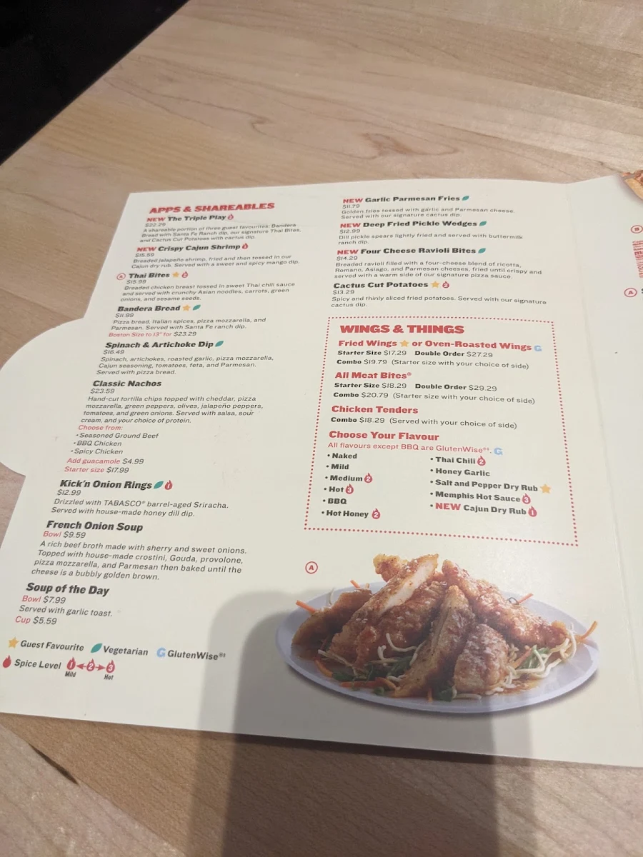 Menu, Boston Pizza
