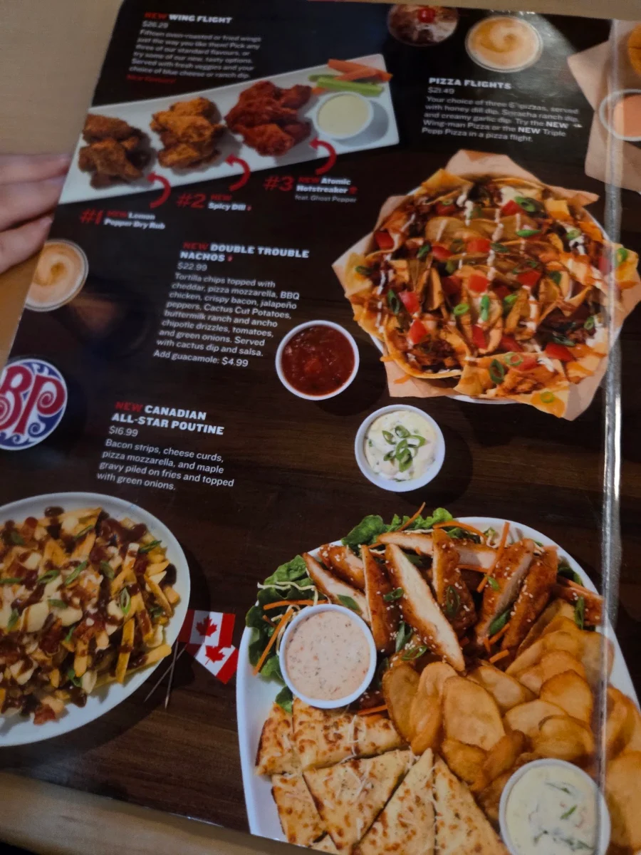 Menu, Boston Pizza