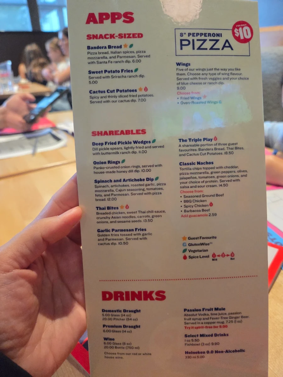 Menu, Boston Pizza