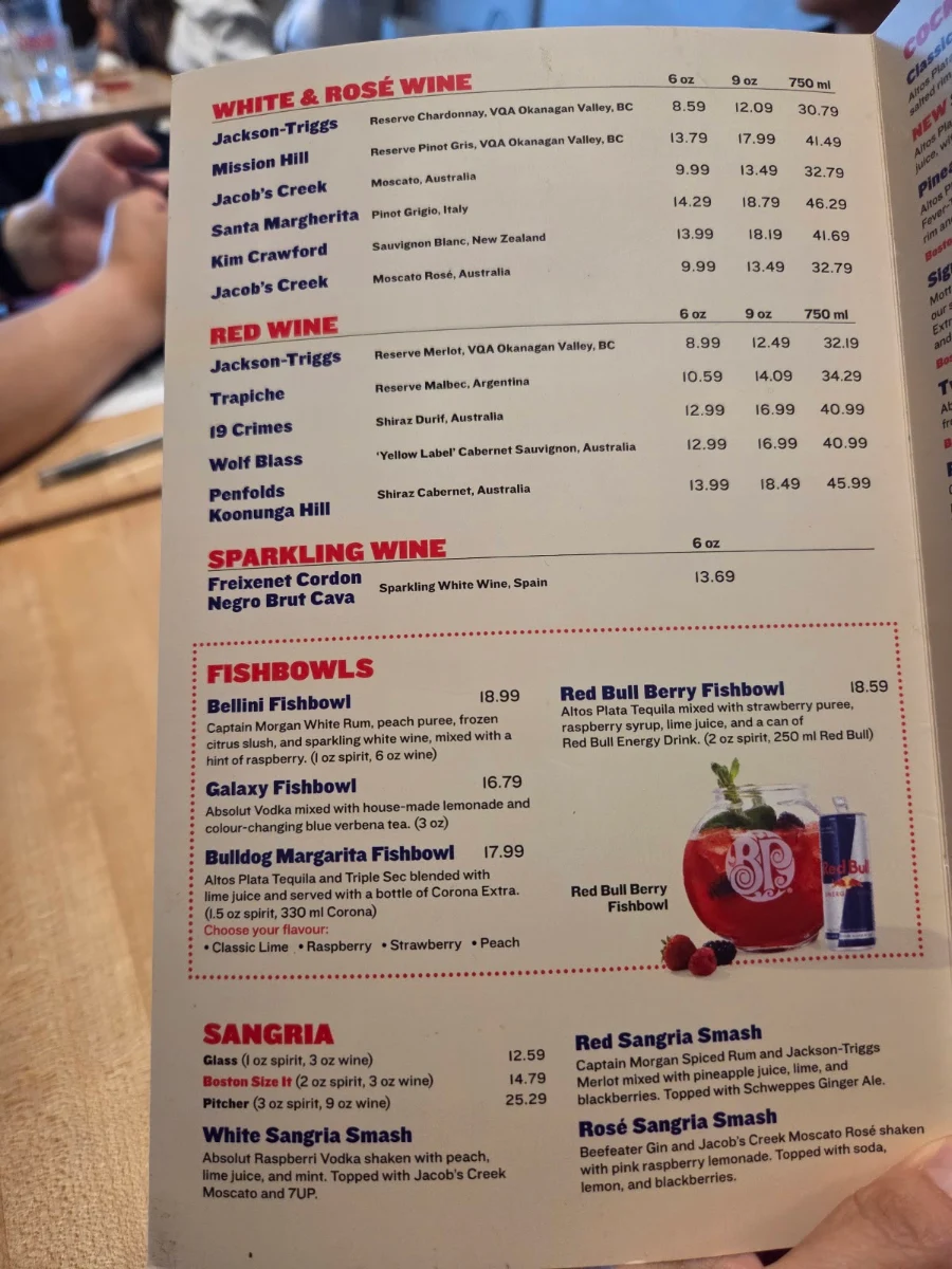 Menu, Boston Pizza