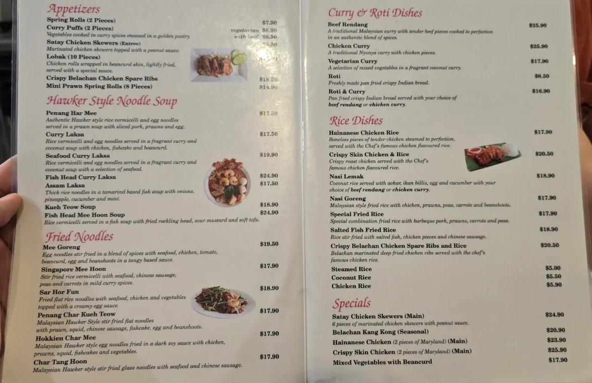Menu, Straits Cafe Malaysian Restaurant