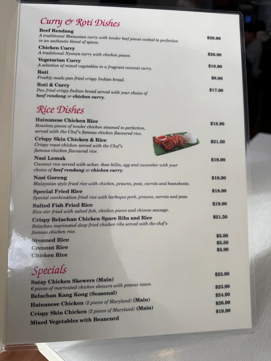 Menu, Straits Cafe Malaysian Restaurant