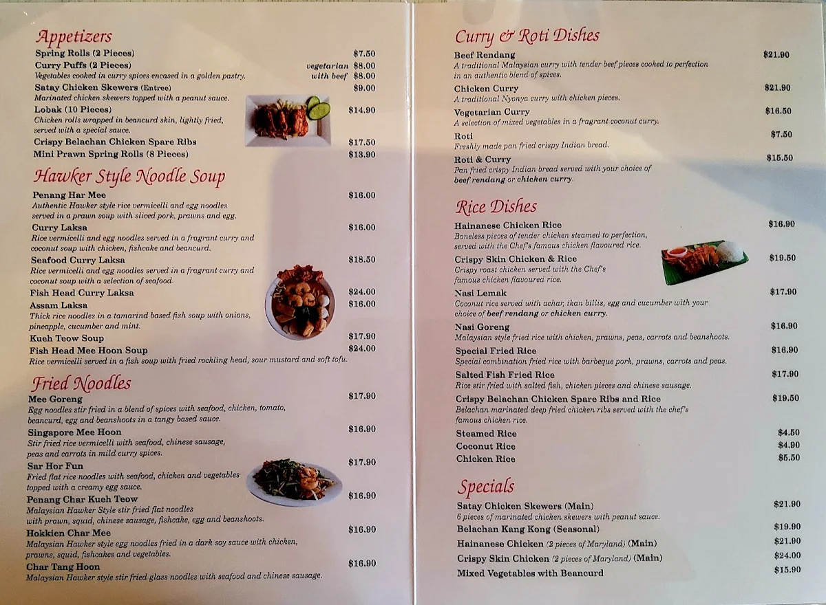 Menu, Straits Cafe Malaysian Restaurant