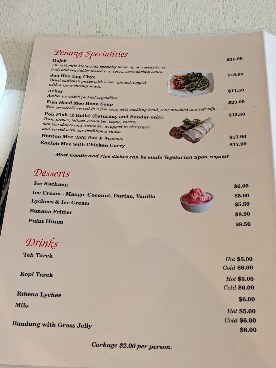 Menu, Straits Cafe Malaysian Restaurant