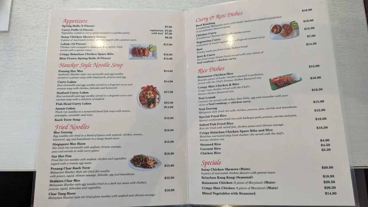 Menu, Straits Cafe Malaysian Restaurant