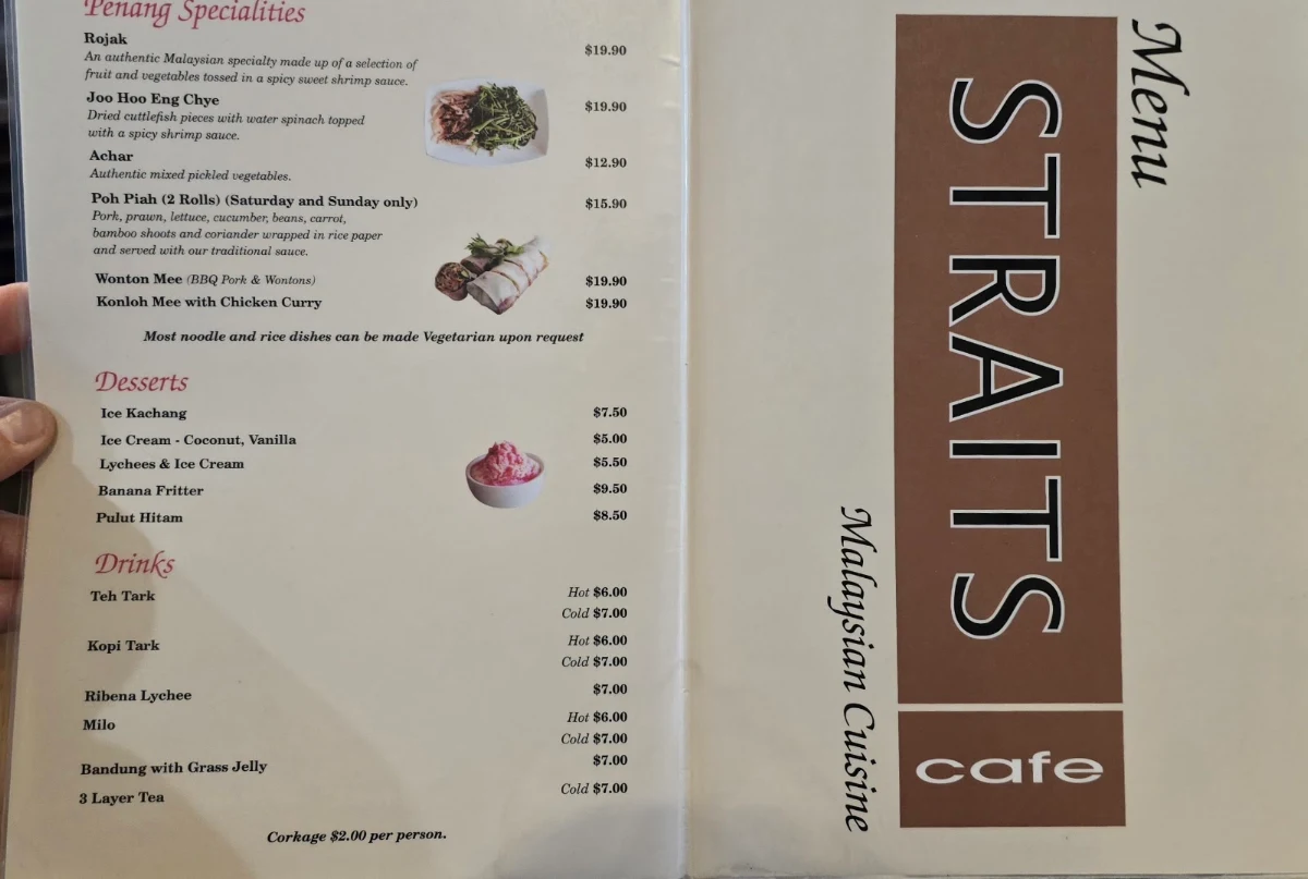 Menu, Straits Cafe Malaysian Restaurant