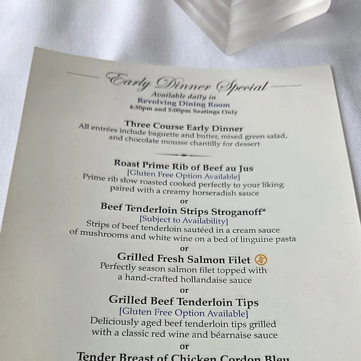Menu, Skylon Tower Revolving Dining Room